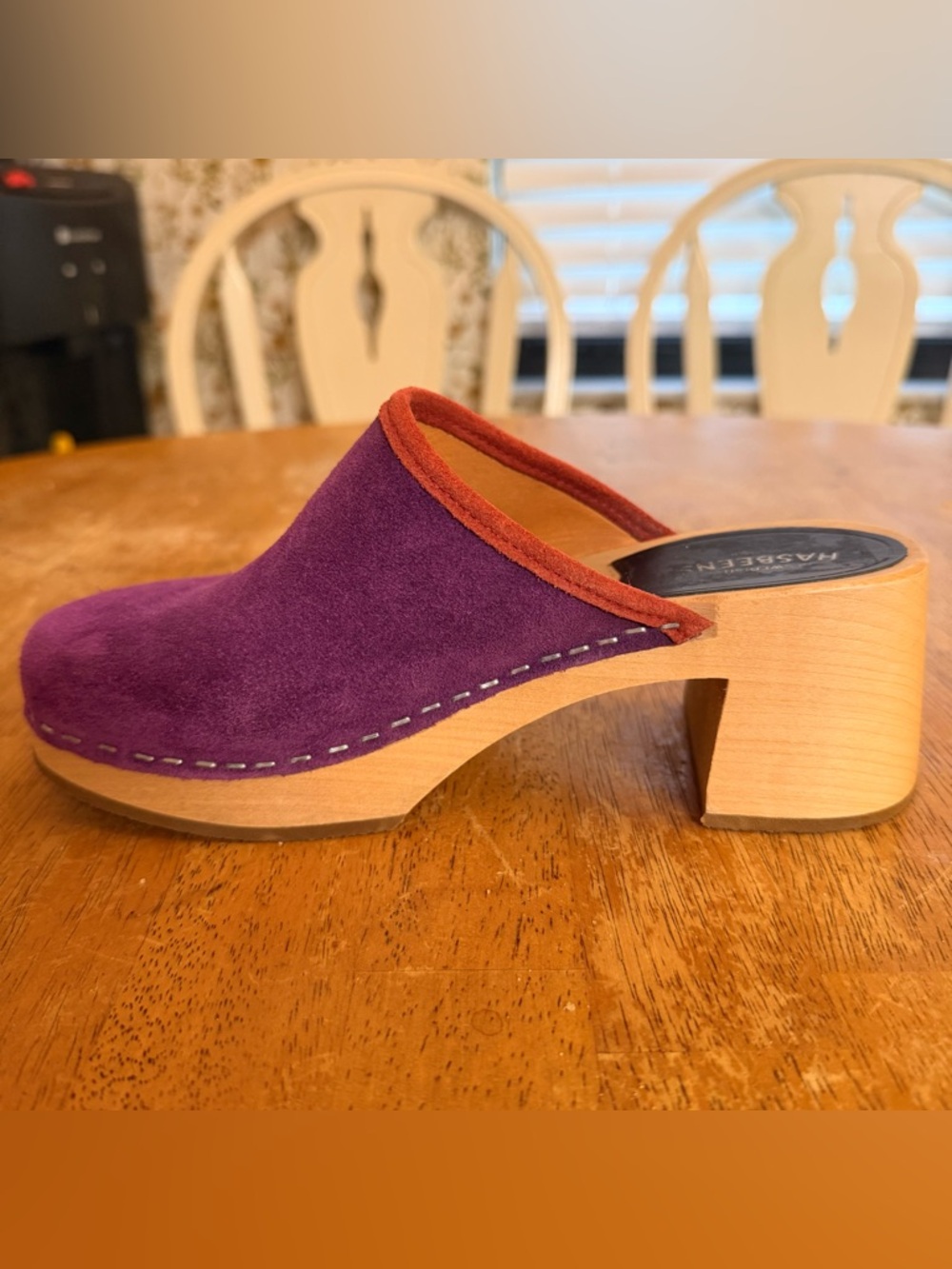 Swedish Hasbeens Purple Suede Clog Mule with Rust Trim